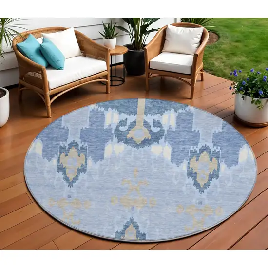 8' Sky Blue Denim Blue And Ivory Round Ikat Washable Indoor Outdoor Area Rug Photo 1
