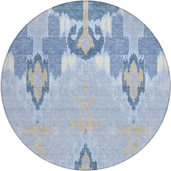 8' Sky Blue Denim Blue And Ivory Round Ikat Washable Indoor Outdoor Area Rug Photo 1