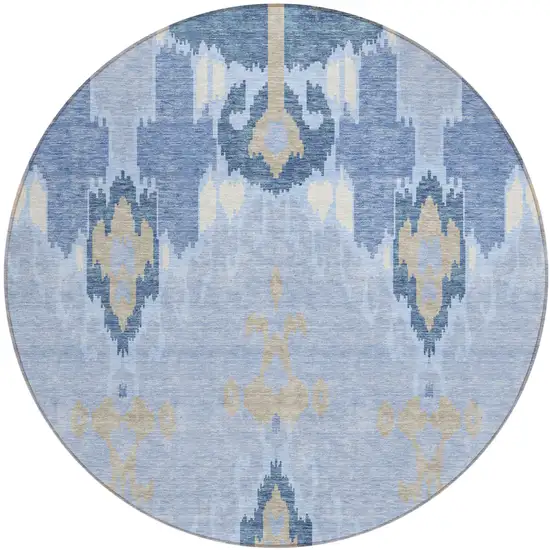 8' Sky Blue Denim Blue And Ivory Round Ikat Washable Indoor Outdoor Area Rug Photo 1