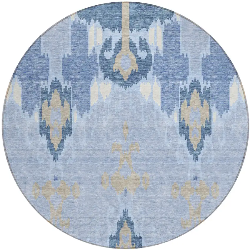 8' Sky Blue Denim Blue And Ivory Round Ikat Washable Indoor Outdoor Area Rug Photo 1