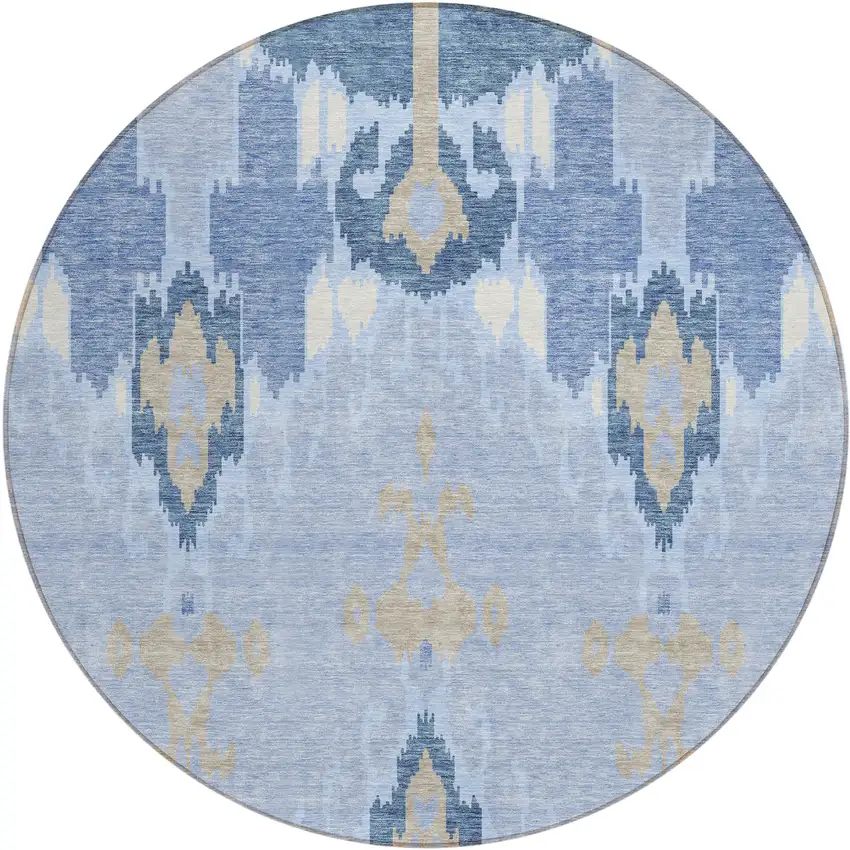 8' Sky Blue Denim Blue And Ivory Round Ikat Washable Indoor Outdoor Area Rug Photo 1