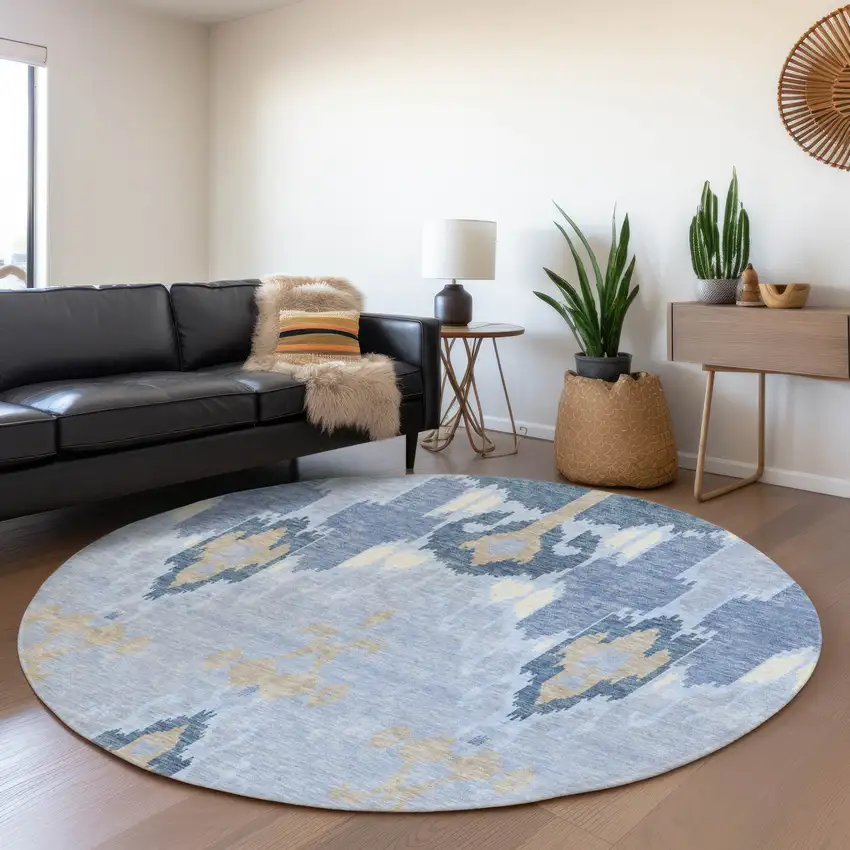 8' Sky Blue Denim Blue And Ivory Round Ikat Washable Indoor Outdoor Area Rug Photo 8