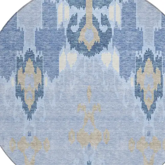 8' Sky Blue Denim Blue And Ivory Round Ikat Washable Indoor Outdoor Area Rug Photo 5