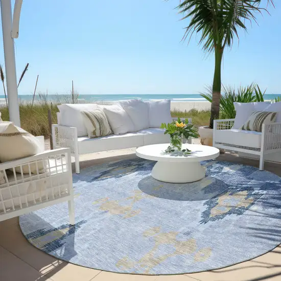 8' Sky Blue Denim Blue And Ivory Round Ikat Washable Indoor Outdoor Area Rug Photo 7