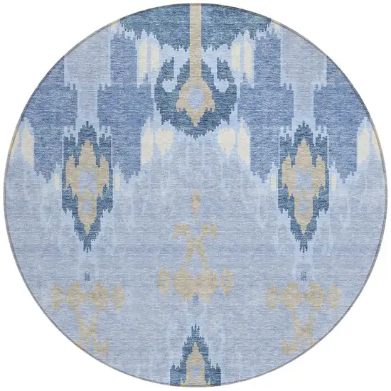 8' Sky Blue Denim Blue And Ivory Round Ikat Washable Indoor Outdoor Area Rug Photo 6