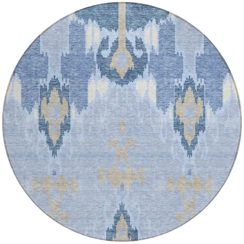8' Sky Blue Denim Blue And Ivory Round Ikat Washable Indoor Outdoor Area Rug Photo 6