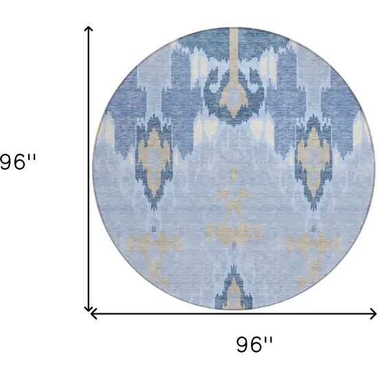 8' Sky Blue Denim Blue And Ivory Round Ikat Washable Indoor Outdoor Area Rug Photo 9