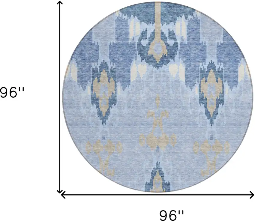 8' Sky Blue Denim Blue And Ivory Round Ikat Washable Indoor Outdoor Area Rug Photo 9