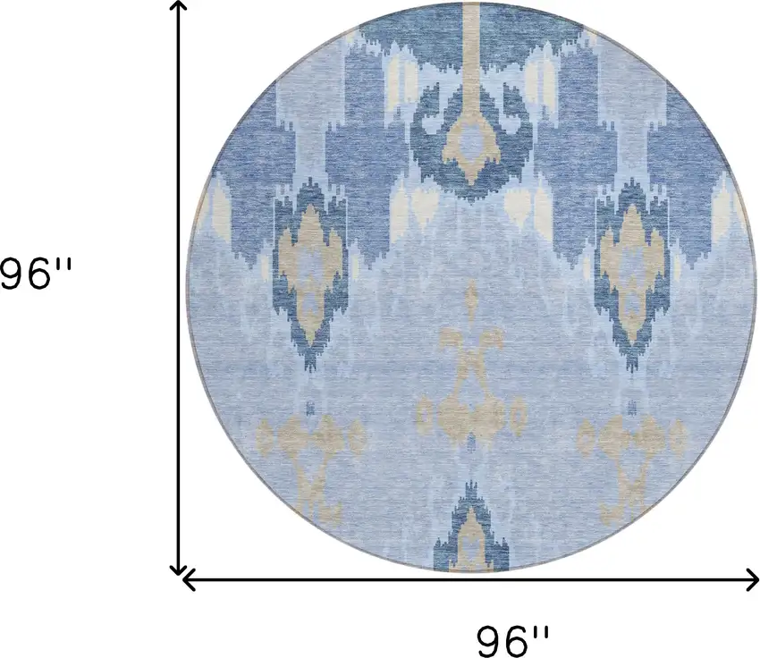 8' Sky Blue Denim Blue And Ivory Round Ikat Washable Indoor Outdoor Area Rug Photo 9