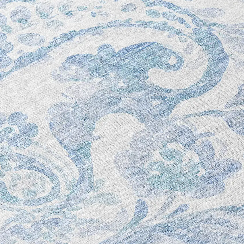 8' Sky Blue Denim Blue And Ivory Round Paisley Washable Indoor Outdoor Area Rug Photo 8