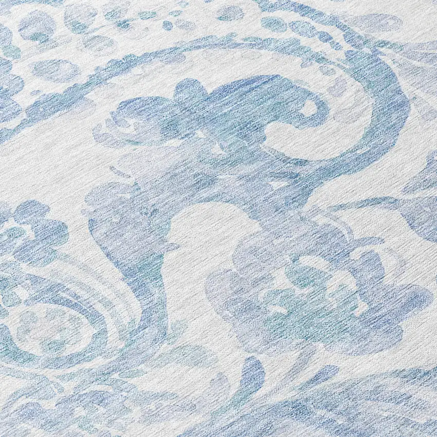 8' Sky Blue Denim Blue And Ivory Round Paisley Washable Indoor Outdoor Area Rug Photo 8