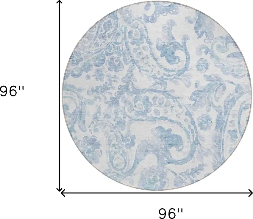 8' Sky Blue Denim Blue And Ivory Round Paisley Washable Indoor Outdoor Area Rug Photo 3