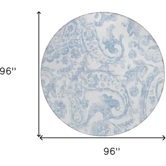 8' Sky Blue Denim Blue And Ivory Round Paisley Washable Indoor Outdoor Area Rug Photo 3
