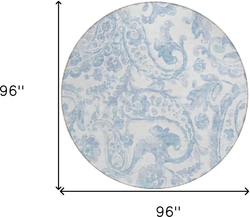 8' Sky Blue Denim Blue And Ivory Round Paisley Washable Indoor Outdoor Area Rug Photo 3