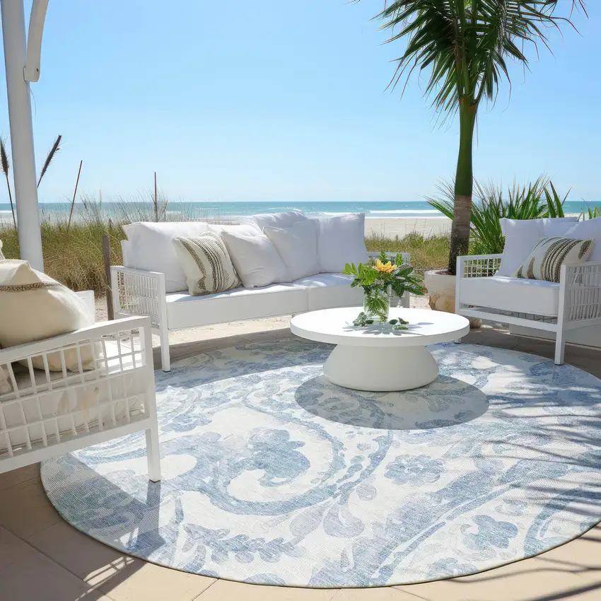 8' Sky Blue Denim Blue And Ivory Round Paisley Washable Indoor Outdoor Area Rug Photo 6