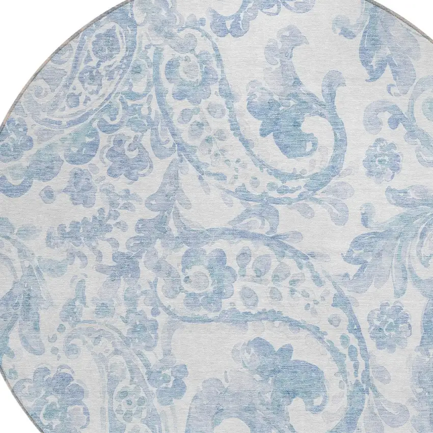 8' Sky Blue Denim Blue And Ivory Round Paisley Washable Indoor Outdoor Area Rug Photo 4
