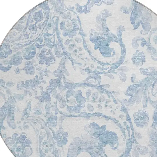 8' Sky Blue Denim Blue And Ivory Round Paisley Washable Indoor Outdoor Area Rug Photo 4