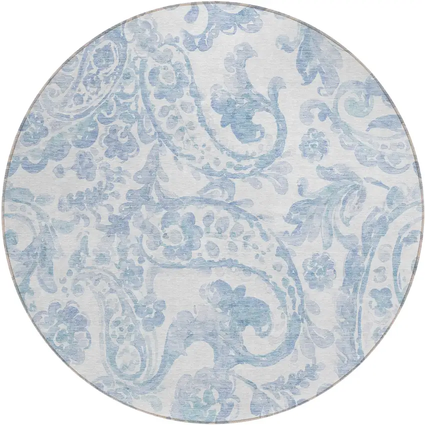 8' Sky Blue Denim Blue And Ivory Round Paisley Washable Indoor Outdoor Area Rug Photo 2