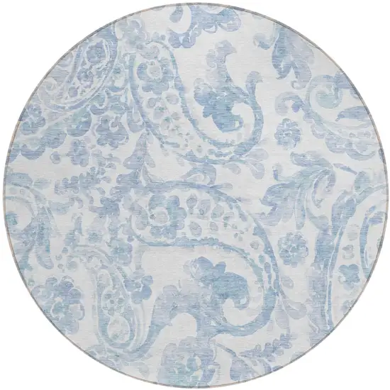8' Sky Blue Denim Blue And Ivory Round Paisley Washable Indoor Outdoor Area Rug Photo 2