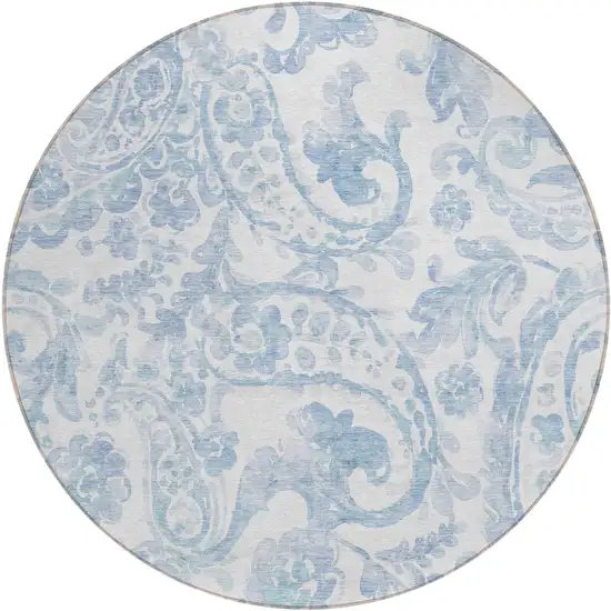 8' Sky Blue Denim Blue And Ivory Round Paisley Washable Indoor Outdoor Area Rug Photo 2