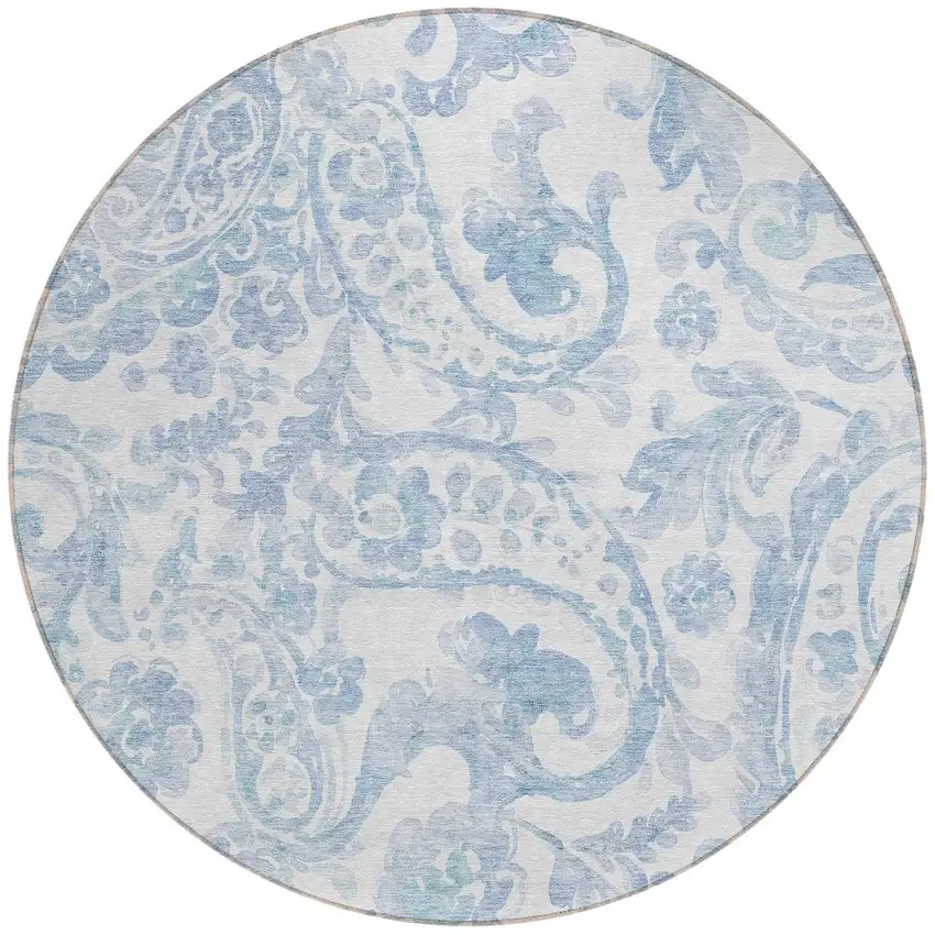 8' Sky Blue Denim Blue And Ivory Round Paisley Washable Indoor Outdoor Area Rug Photo 5