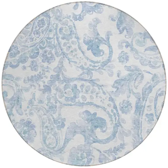 8' Sky Blue Denim Blue And Ivory Round Paisley Washable Indoor Outdoor Area Rug Photo 5