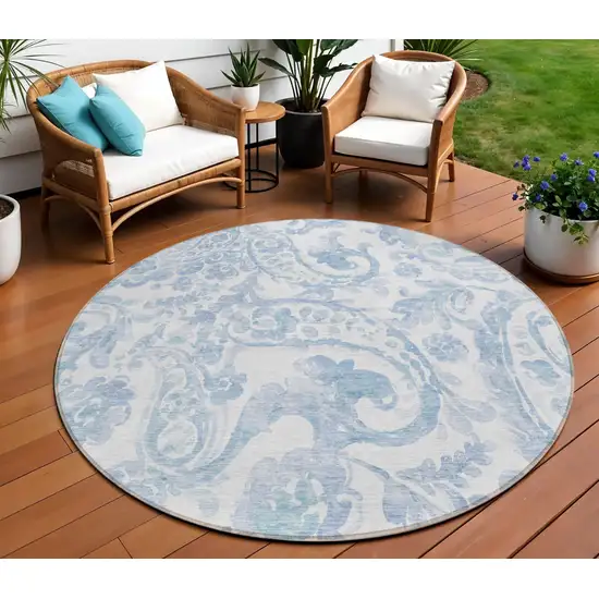 8' Sky Blue Denim Blue And Ivory Round Paisley Washable Indoor Outdoor Area Rug Photo 1