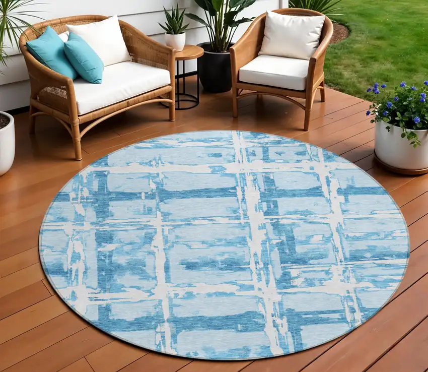 8' Sky Blue Denim Blue And Ivory Round Striped Washable Indoor Outdoor Area Rug Photo 1
