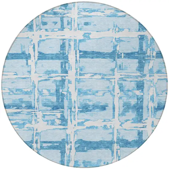 8' Sky Blue Denim Blue And Ivory Round Striped Washable Indoor Outdoor Area Rug Photo 5