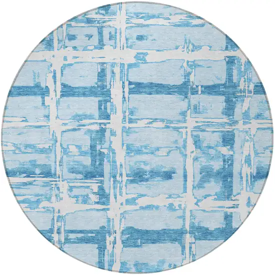 8' Sky Blue Denim Blue And Ivory Round Striped Washable Indoor Outdoor Area Rug Photo 5