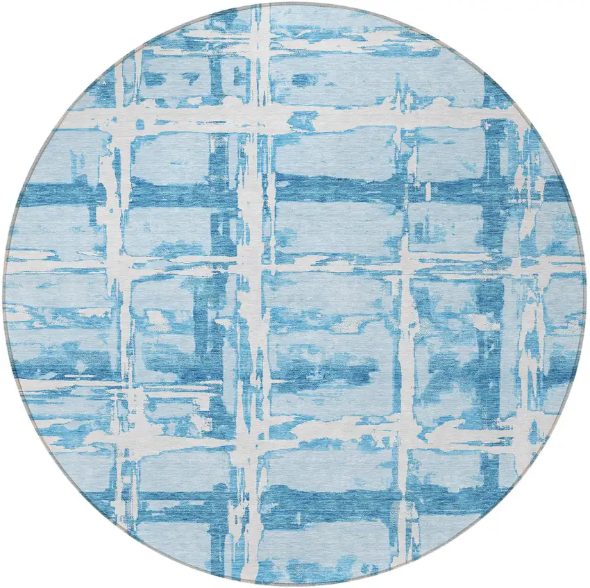 8' Sky Blue Denim Blue And Ivory Round Striped Washable Indoor Outdoor Area Rug Photo 5