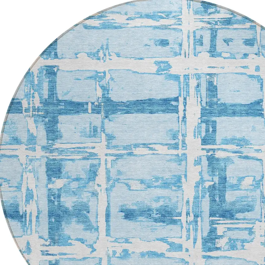8' Sky Blue Denim Blue And Ivory Round Striped Washable Indoor Outdoor Area Rug Photo 5