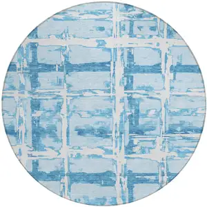 Photo of 8' Sky Blue Denim Blue And Ivory Round Striped Washable Indoor Outdoor Area Rug