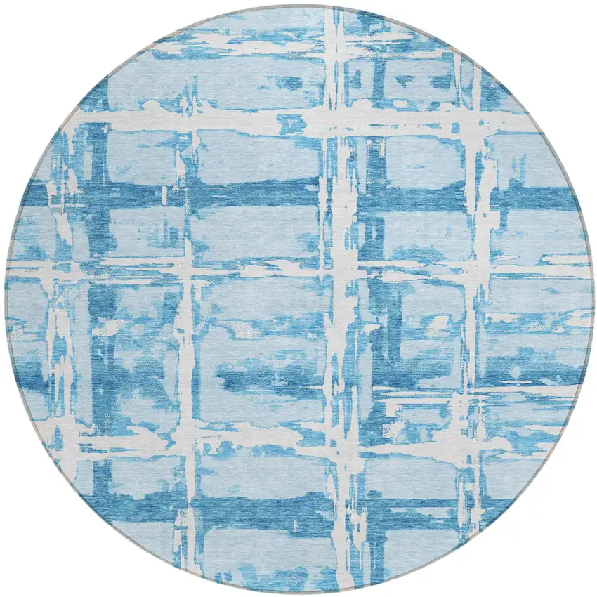 8' Sky Blue Denim Blue And Ivory Round Striped Washable Indoor Outdoor Area Rug Photo 1