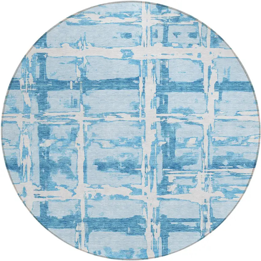 8' Sky Blue Denim Blue And Ivory Round Striped Washable Indoor Outdoor Area Rug Photo 1
