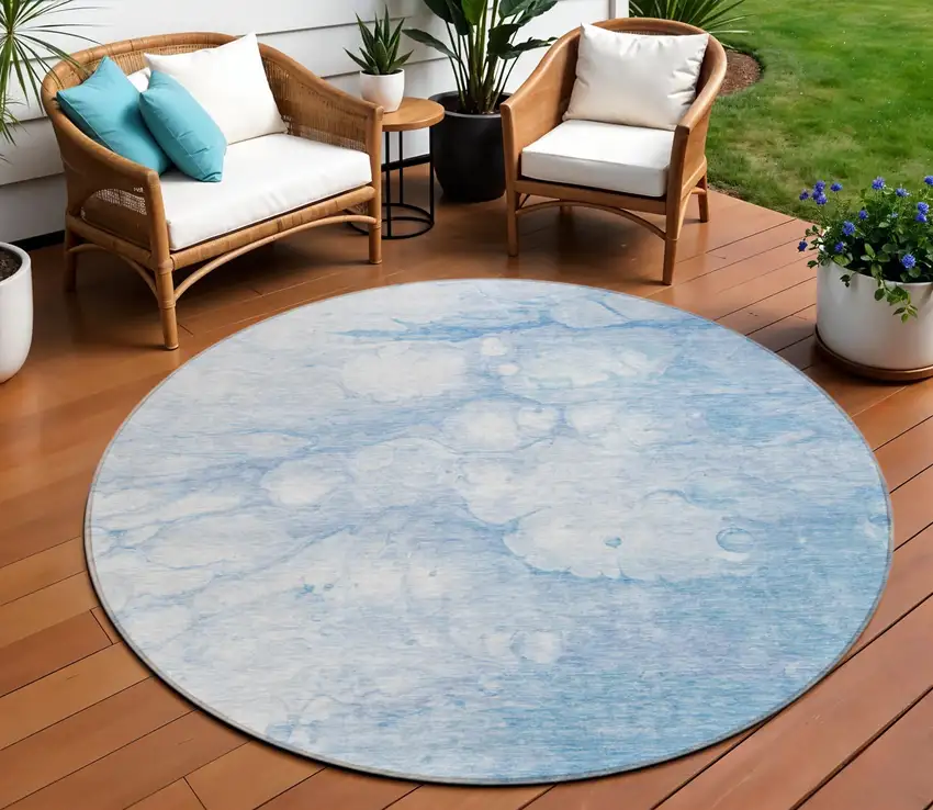 8' Sky Blue Denim Blue And Silver Round Abstract Washable Indoor Outdoor Area Rug Photo 1
