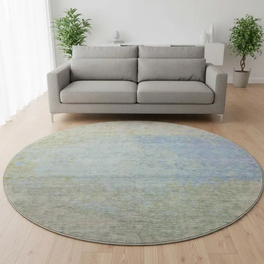 8' Sky Blue Fern Green And Beige Abstract Washable Round Rug With UV Protection Photo 2