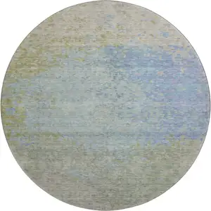 Photo of 8' Sky Blue Fern Green And Beige Abstract Washable Round Rug With UV Protection