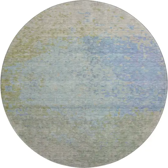 8' Sky Blue Fern Green And Beige Abstract Washable Round Rug With UV Protection Photo 1