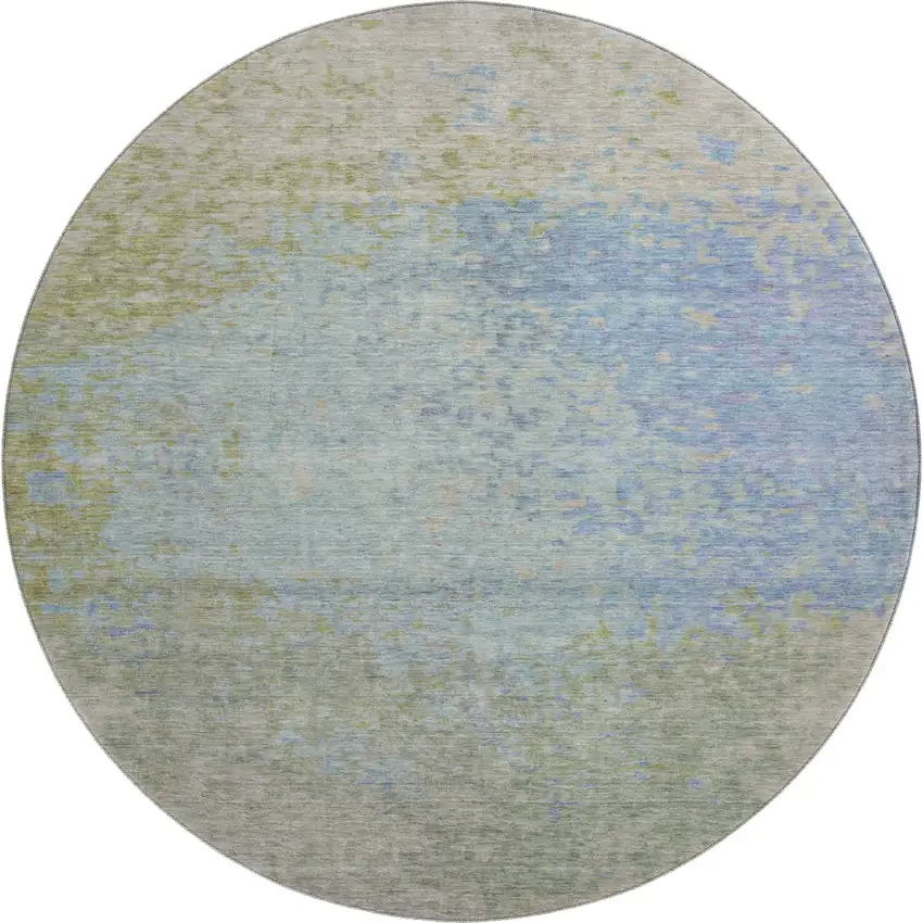 8' Sky Blue Fern Green And Beige Abstract Washable Round Rug With UV Protection Photo 1