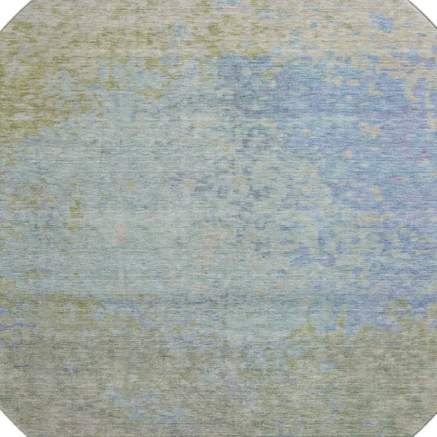 8' Sky Blue Fern Green And Beige Abstract Washable Round Rug With UV Protection Photo 2