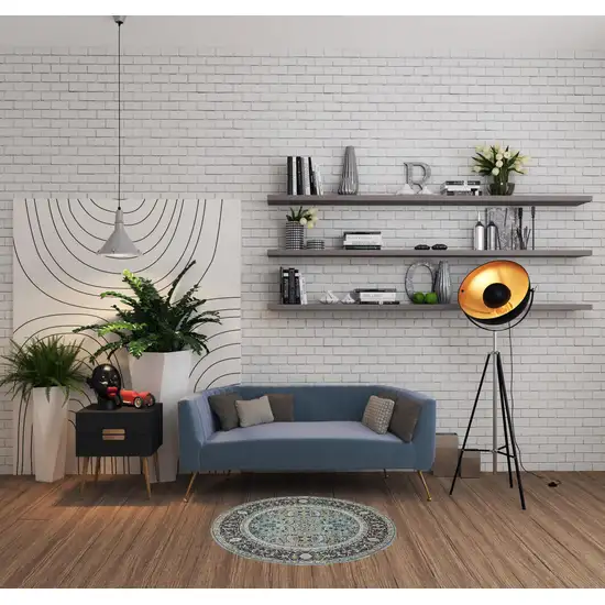 4' Sky Blue Floral Distressed Round Rug Photo 1