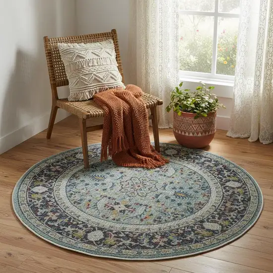 4' Sky Blue Floral Distressed Round Rug Photo 1