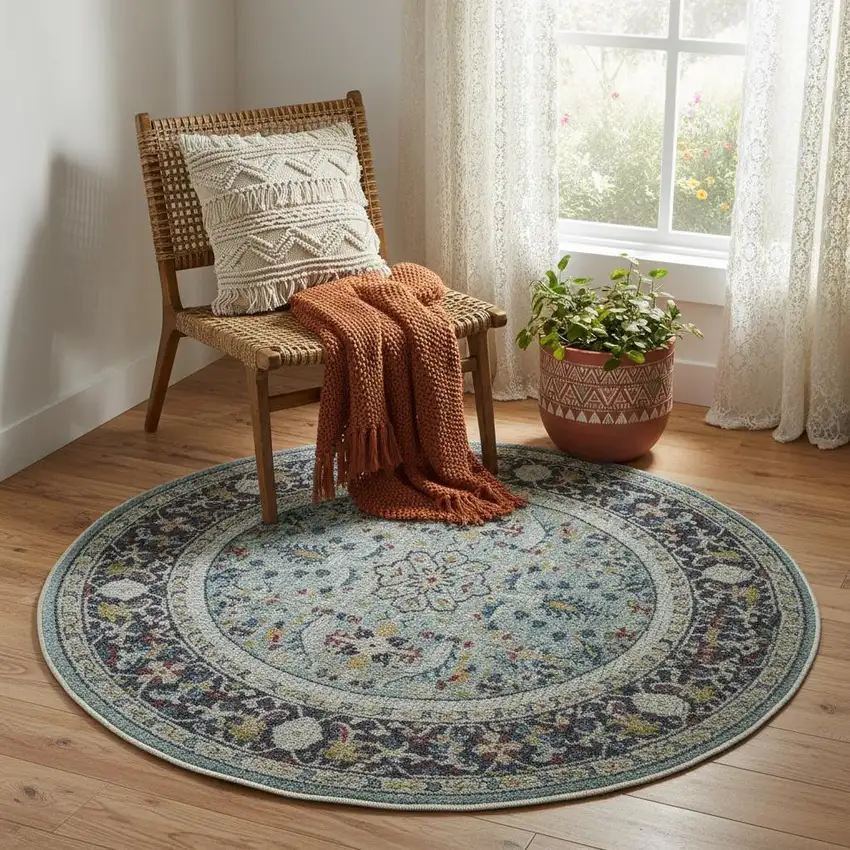 4' Sky Blue Floral Distressed Round Rug Photo 1