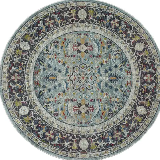 4' Sky Blue Floral Distressed Round Rug Photo 2
