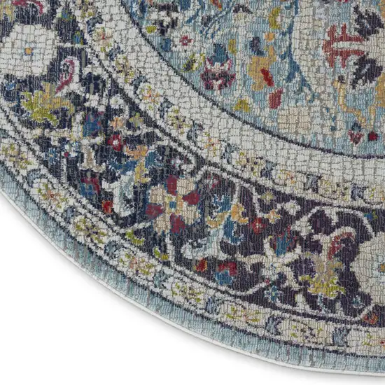 4' Sky Blue Floral Distressed Round Rug Photo 9
