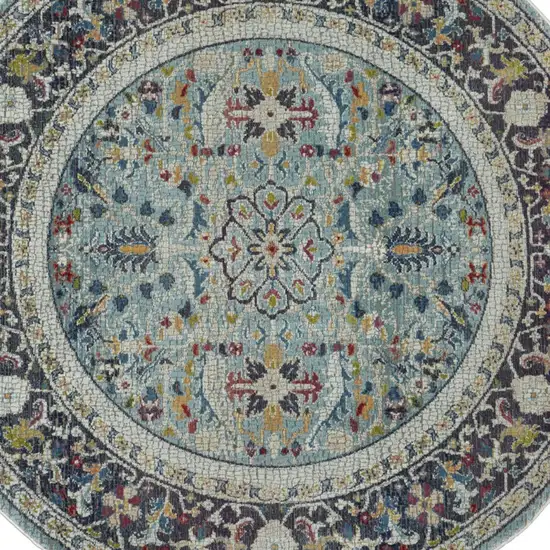 4' Sky Blue Floral Distressed Round Rug Photo 8