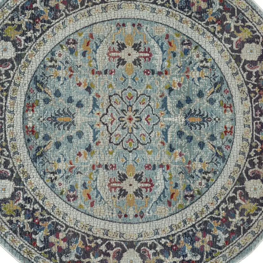 4' Sky Blue Floral Distressed Round Rug Photo 8
