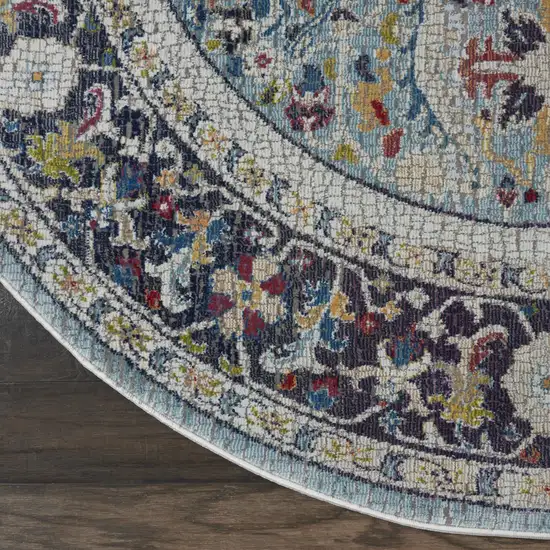 4' Sky Blue Floral Distressed Round Rug Photo 8