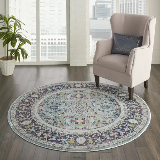 4' Sky Blue Floral Distressed Round Rug Photo 5
